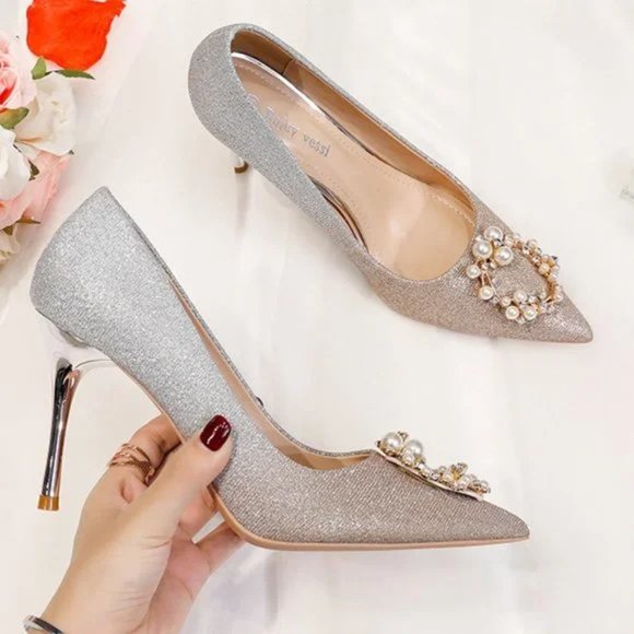 Autumn new pointed single shoes fine heel pearl buckle gradient high heel shoes - Picture 1 of 7